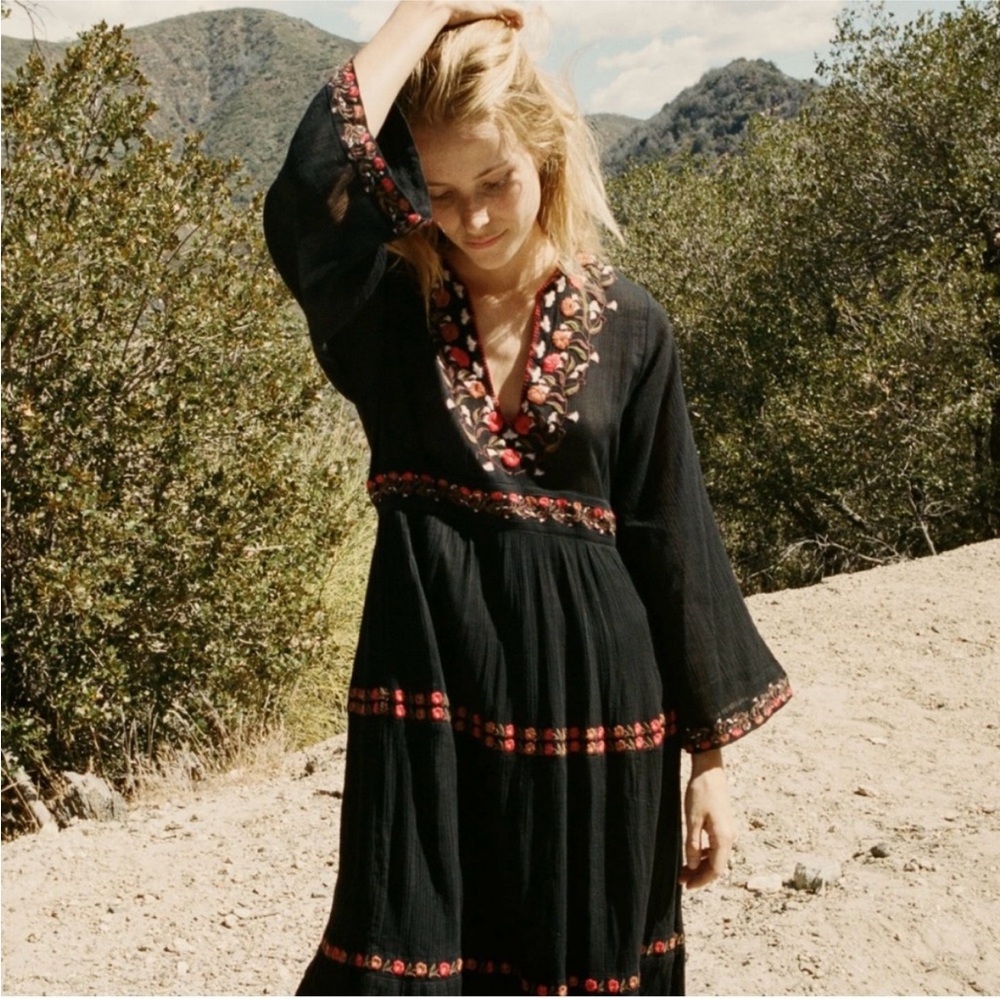 Doen Black Maxi Dress with Red Floral Details